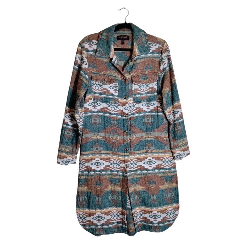 Shyanne Womens Southwestern Print Cotton Flannel Longline Shirt Jacket Teal Sm